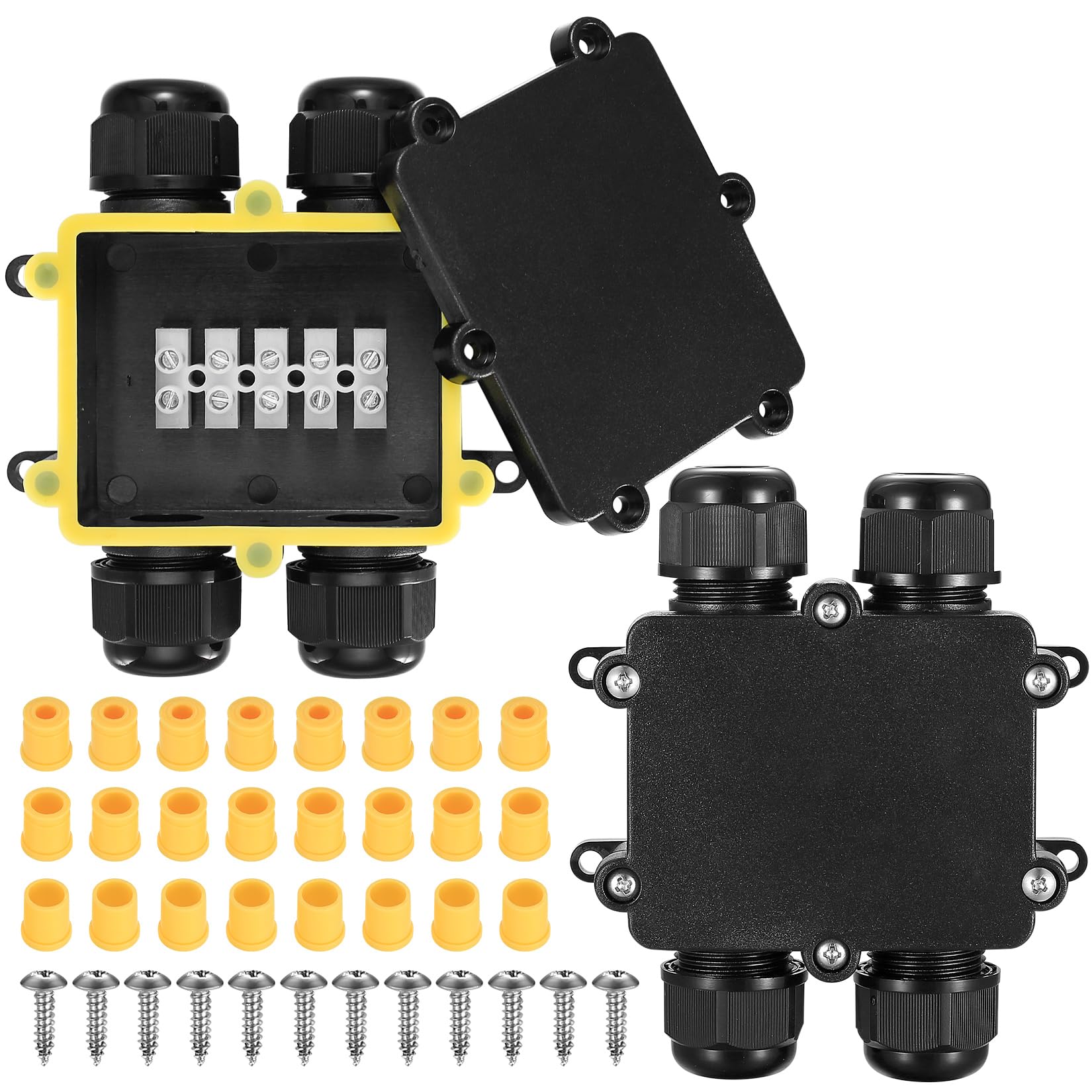 2 Pcs IP68 Waterproof Junction Box, 4-Way Outdoor Electrical Cable Wire Connectors, Extension Cable Connectors Junction Boxes with Glands for Ø5mm-14mm Cable - Black