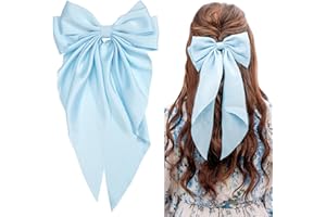JOYOYO Hair Clip, 1Pcs Silky Satin Large Hair Bow Ribbon Clips for Women and Girls, Giant Long Bow Hair Clips Ponytail Holder Silk Big Hair Clips Accessories, Blue