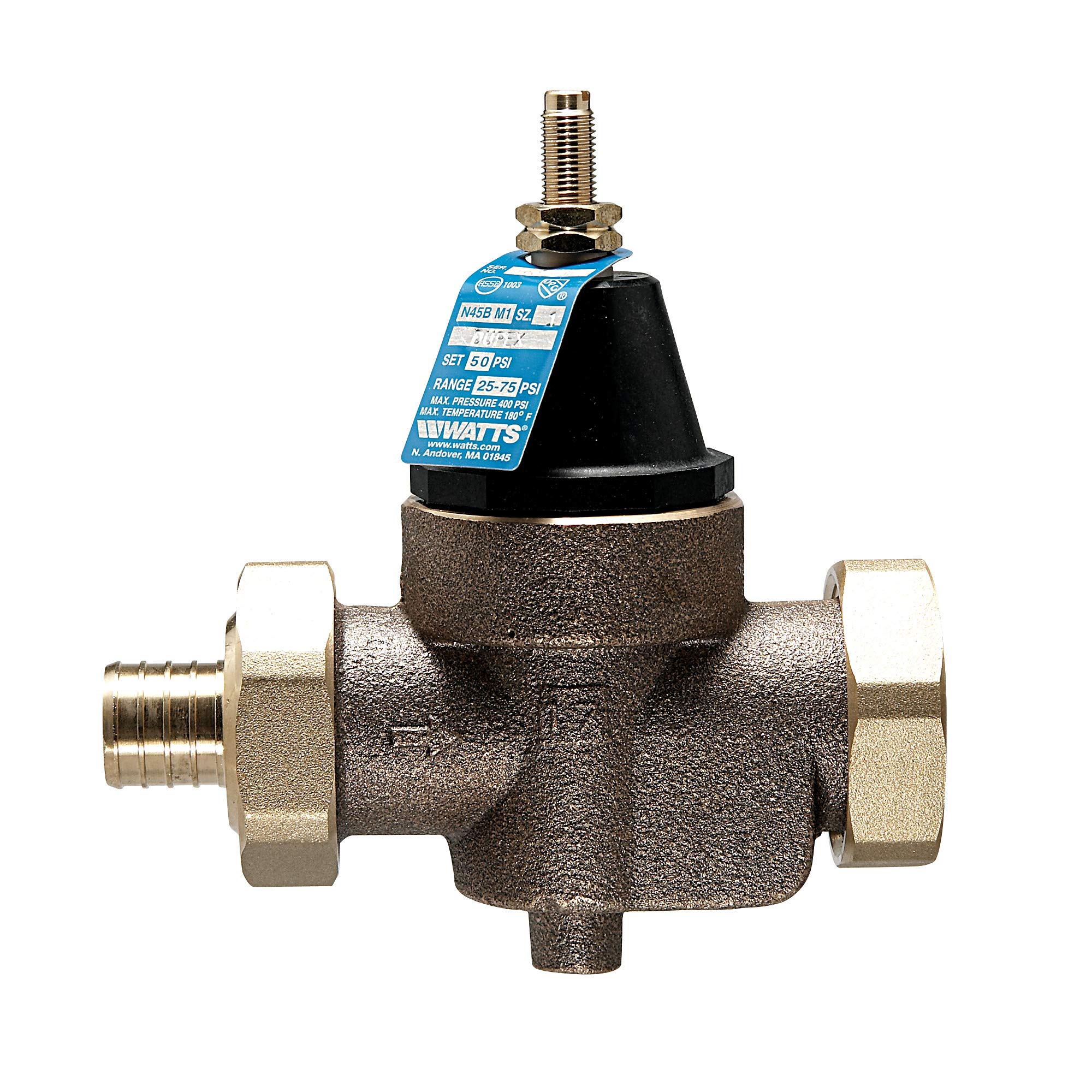 Watts LFN45B Series 1″ Lead-Free Cast Copper Silicon Alloy Water Pressure Reducing Valve, Crimp Double Union End Connections, Elastomer Disc, Adjustable Pressure 25 to 75 psi, Maximum 400 psi