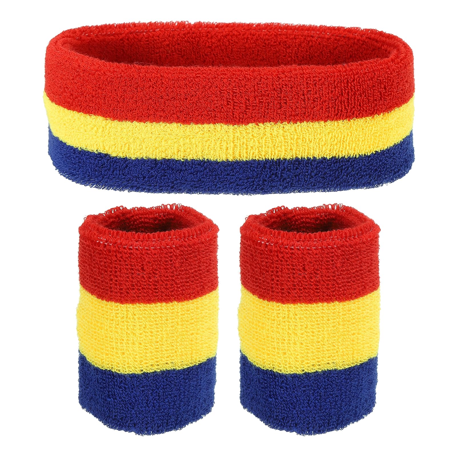 PATIKIL Sports Wristbands Headband Set, 7x8cm Cotton Terry Cloth Athletic Absorbent Sweatband 18x6cm Headband for Tennis Basketball Running, Red Yellow Blue (1 Headband & 2 Wristbands)