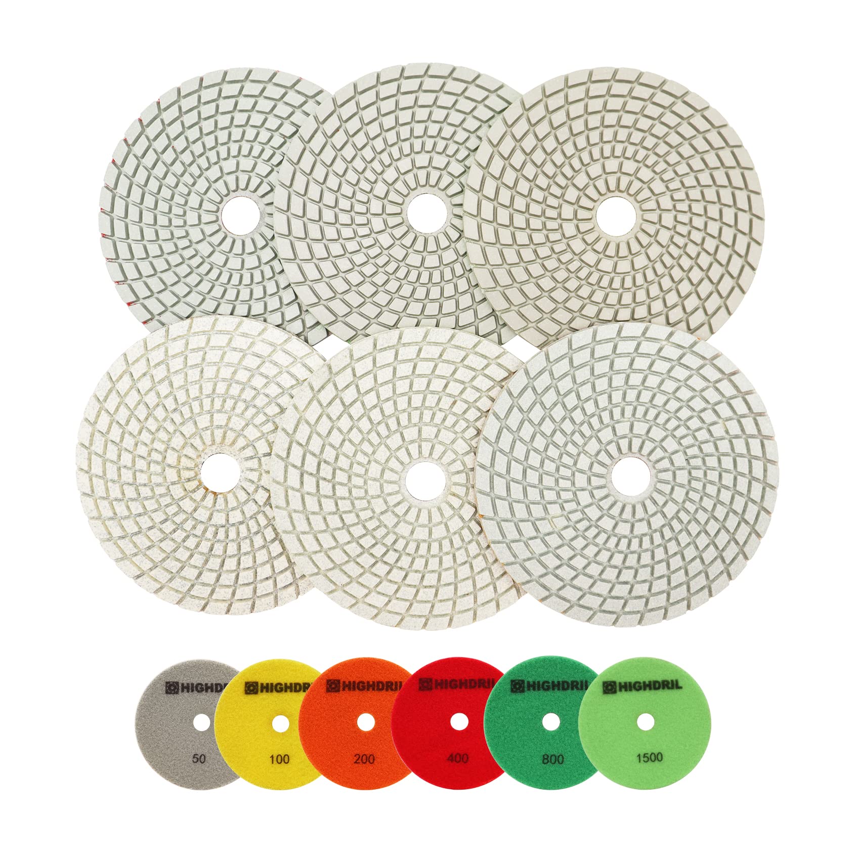 Wet Diamond Polishing Pads,HIGHDRIL 6pcs 125MM (#50+#100+#200+#400+#800+#1500),for Granite Marble Sanding used on Grinder or Polisher