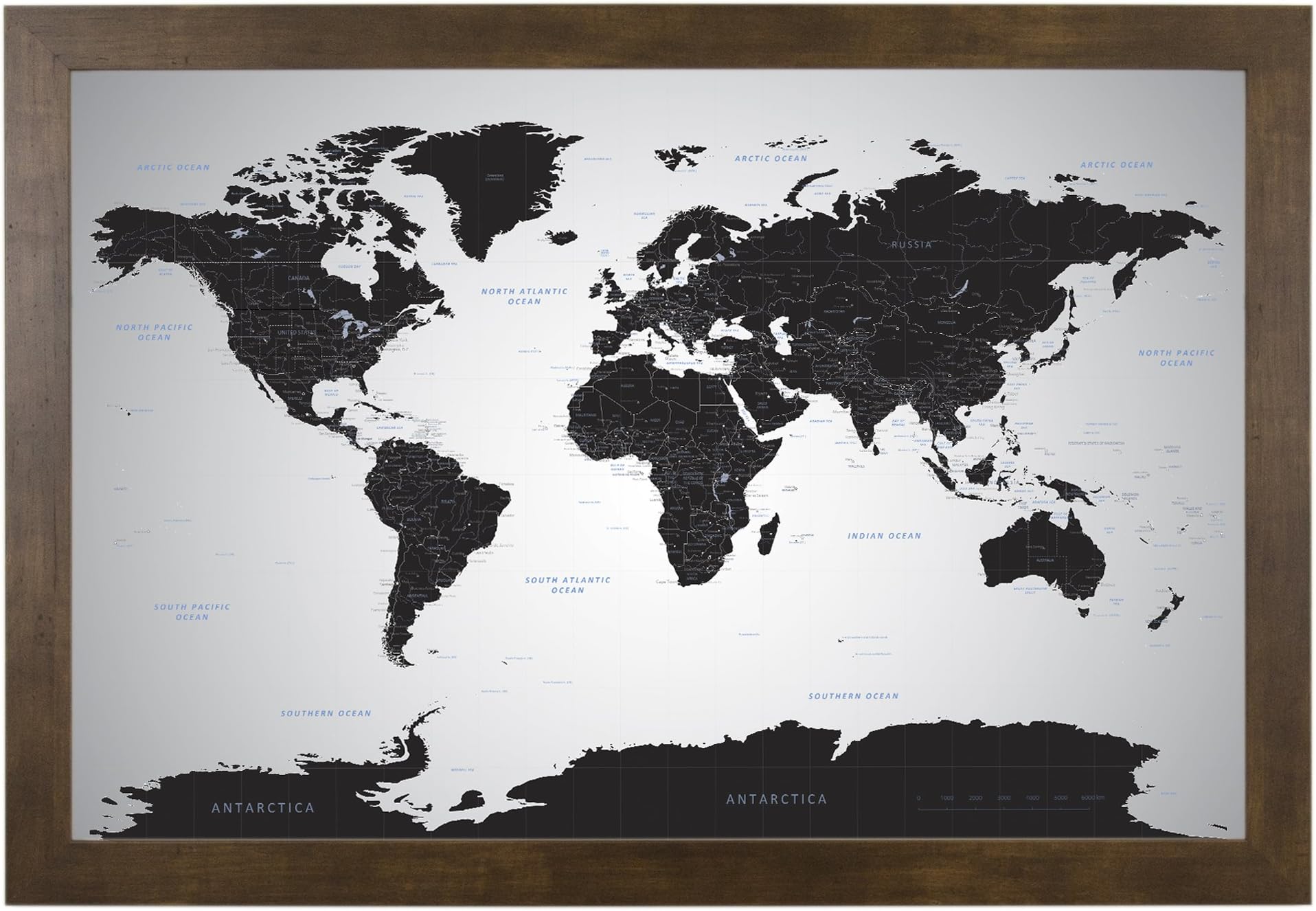 Black Ice World with pins - 27.5 inches x 39.5 inches - Rustic Brown Frame