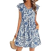 OFEEFAN Summer Dresses for Women Beach Vacation Clothes V Neck Ruffle Sleeve Babydoll Dress Elegant Classy Sundress