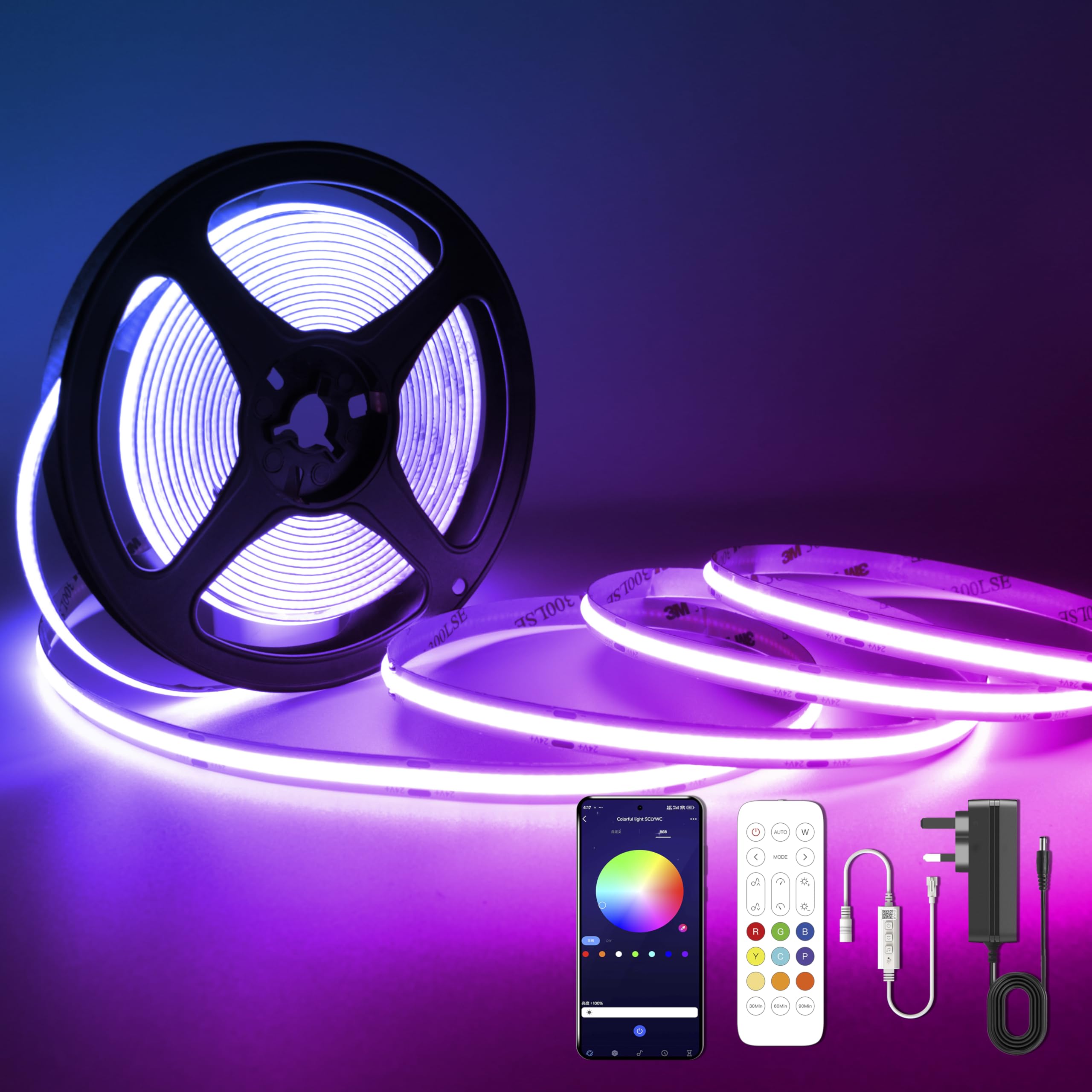 TTWAY 24V COB RGB LED Strip, Smart COB LED Strips 5M, Tape Lighting Music Sync, App Control, Bluetooth RGB Color Changing, Timer Setting, LED Strip for Home, Bedroom, TV, Kitchen Deco.