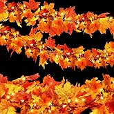 Dolunvo Fall Leaf Garland with Lights Plug in, 35 Orange Bulbs Light Up Fall Leaves Garland, Fall Decor Fall Decorations for Home Table Thanksgiving Mantel,Fireplace,Porch,Halloween Autumn Decor