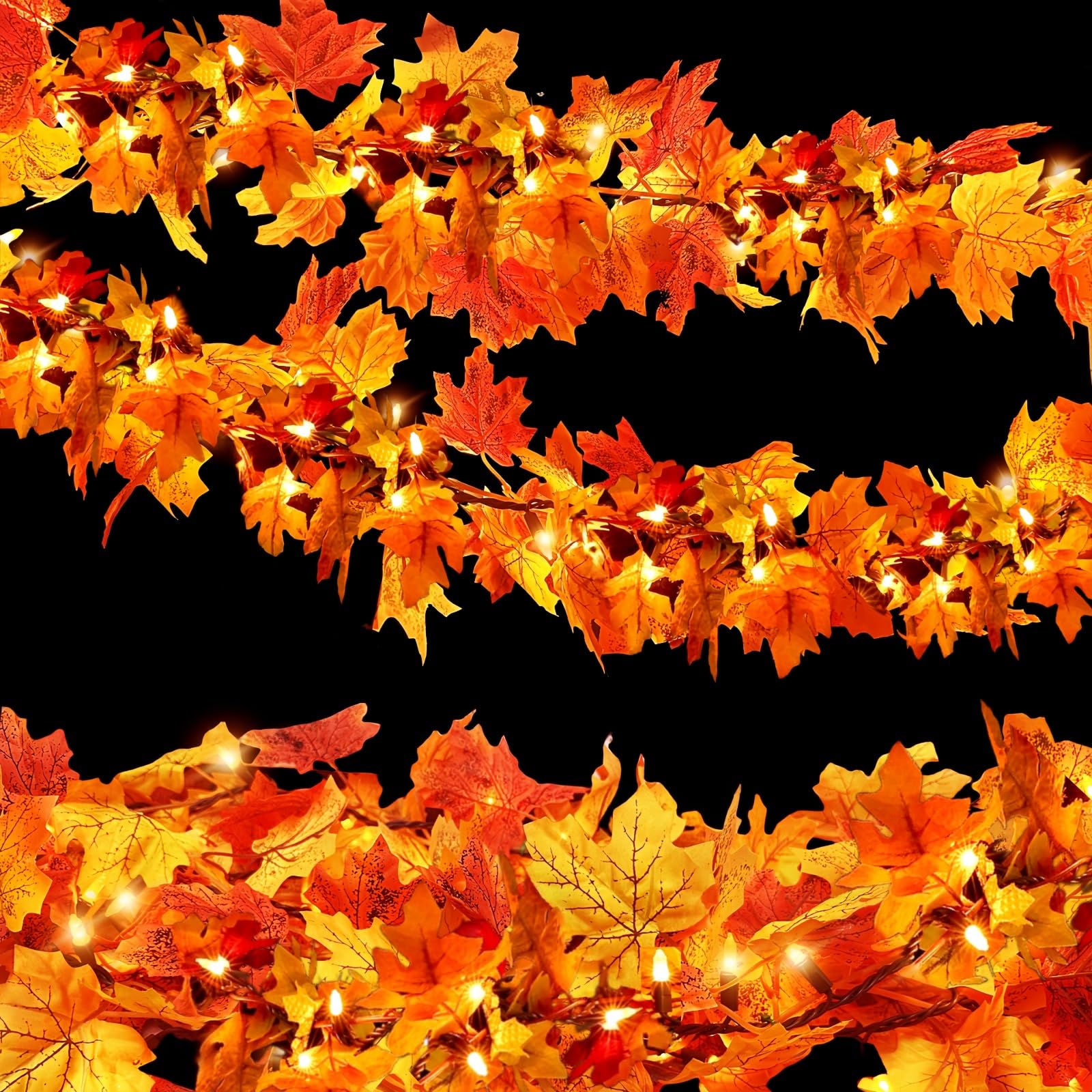 Photo 1 of 2Pack Fall Leaf Garland with Lights Plug in, 35 Orange Bulbs Light Up Fall Leaves Garland, Fall Decor Fall Decorations for Home Table Thanksgiving Mantel,Fireplace,Porch,Halloween Autumn Decorations