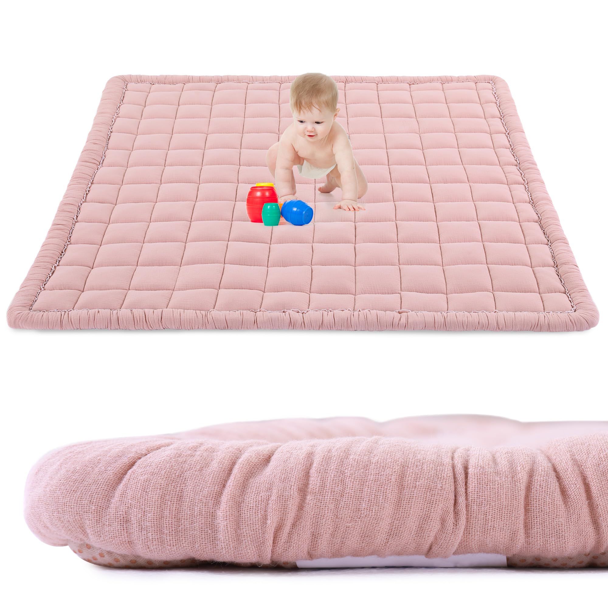 Photo 1 of BALAPET 100% Cotton Muslin 71x59 Play Mat for Playpen, Soft Baby Playpen Mat for Kids Toddler Crawling and Play, Non-Slip and Washable Playmat, Pink