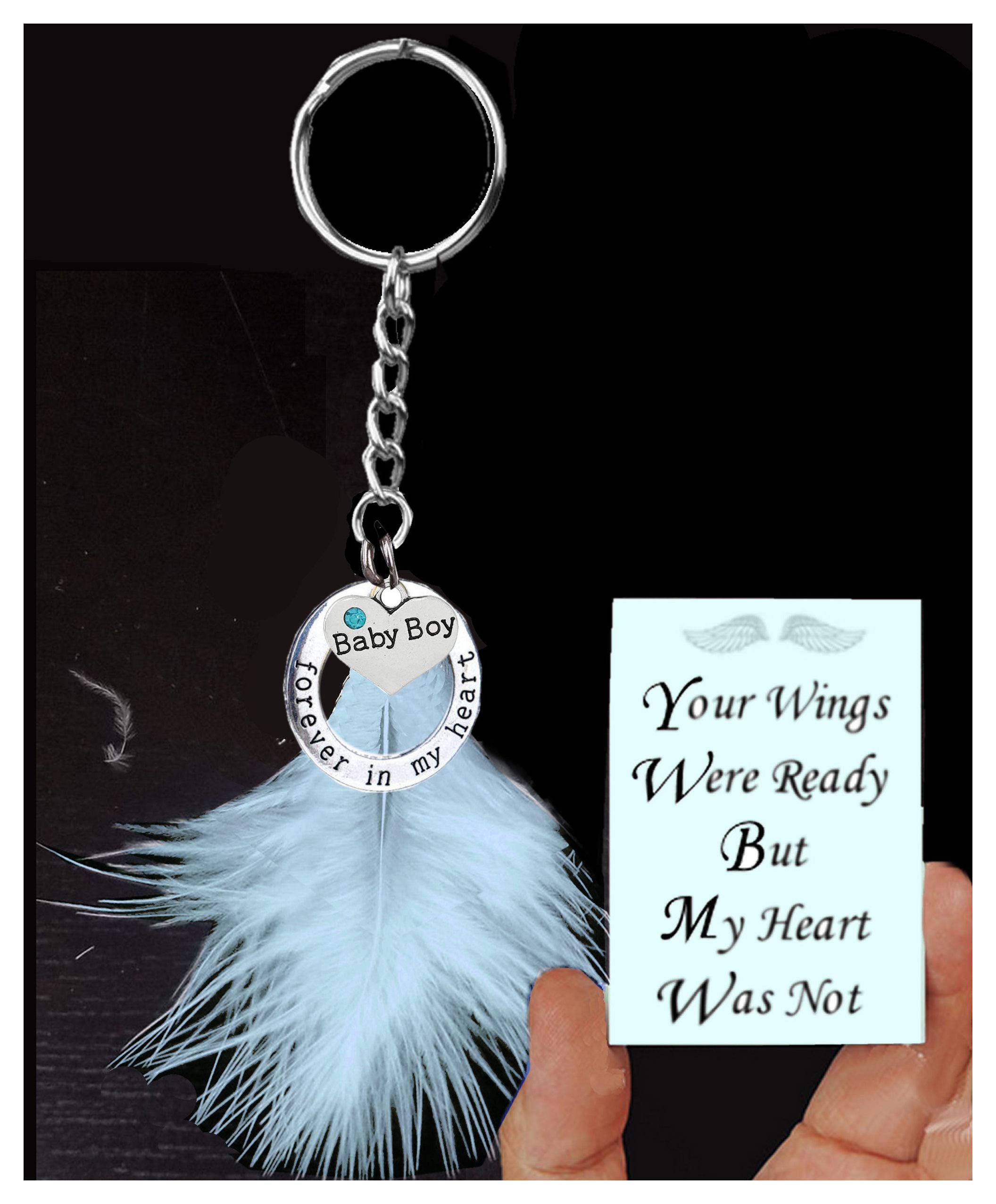 Gregory Crafts & Gifts Baby Boy Memorial Keepsake Keyring with Real Blue Feather and Forever in My Heart Charm, Card and Bag