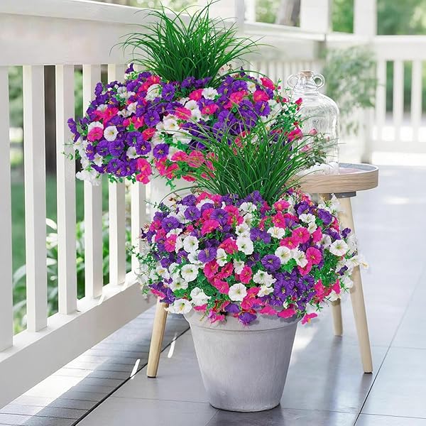 INQCMY ARTIFICIAL FLOWERS FOR OUTDOORS, 12 BUNDLES UV RESISTANT FAKE MORNING GLORY AND 2 BUNDLES GREENERY GRASS, SILK FAUX PLANTS FOR GARDEN PORCH PATIO HOME DECOR