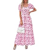 PRETTYGARDEN Women's Floral Boho Maxi Dresses Flowy Short Sleeve A Line Smocked Eyelet 2026 Summer Beach Vacation Clothes