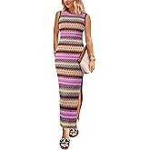 PRETTYGARDEN Womens Maxi Tank Spring Dress Sleeveless Crew Neck Striped Side Slit Casual Long Bodycon Dresses