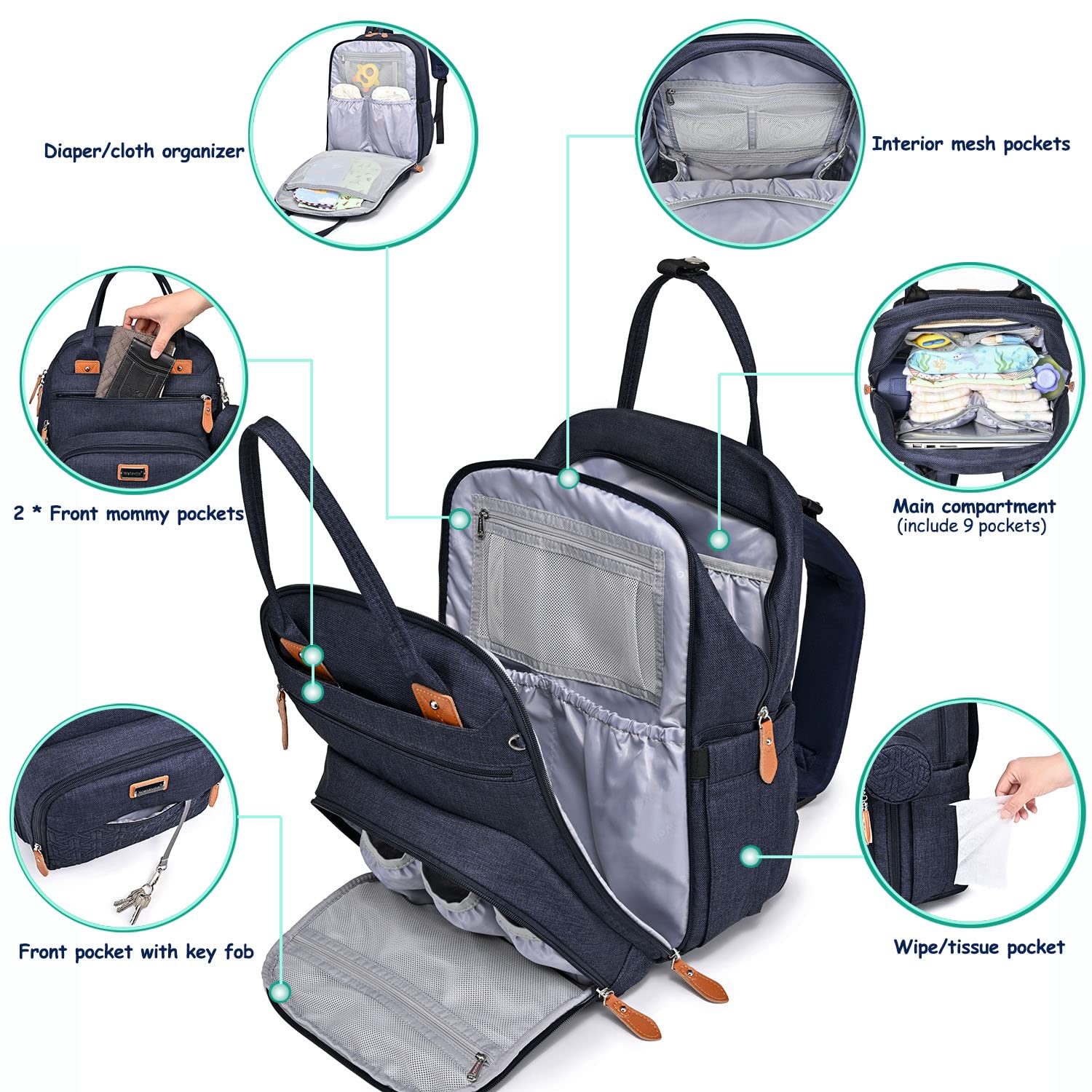 Diaper Bag Backpack, Unisex Baby Bags with Changing pad, Insulated Pockets & Pacifier Holder for Boys Girls, WELAVILA Large Multifunction Travel Back Pack for Mom & Dad, Navy Blue