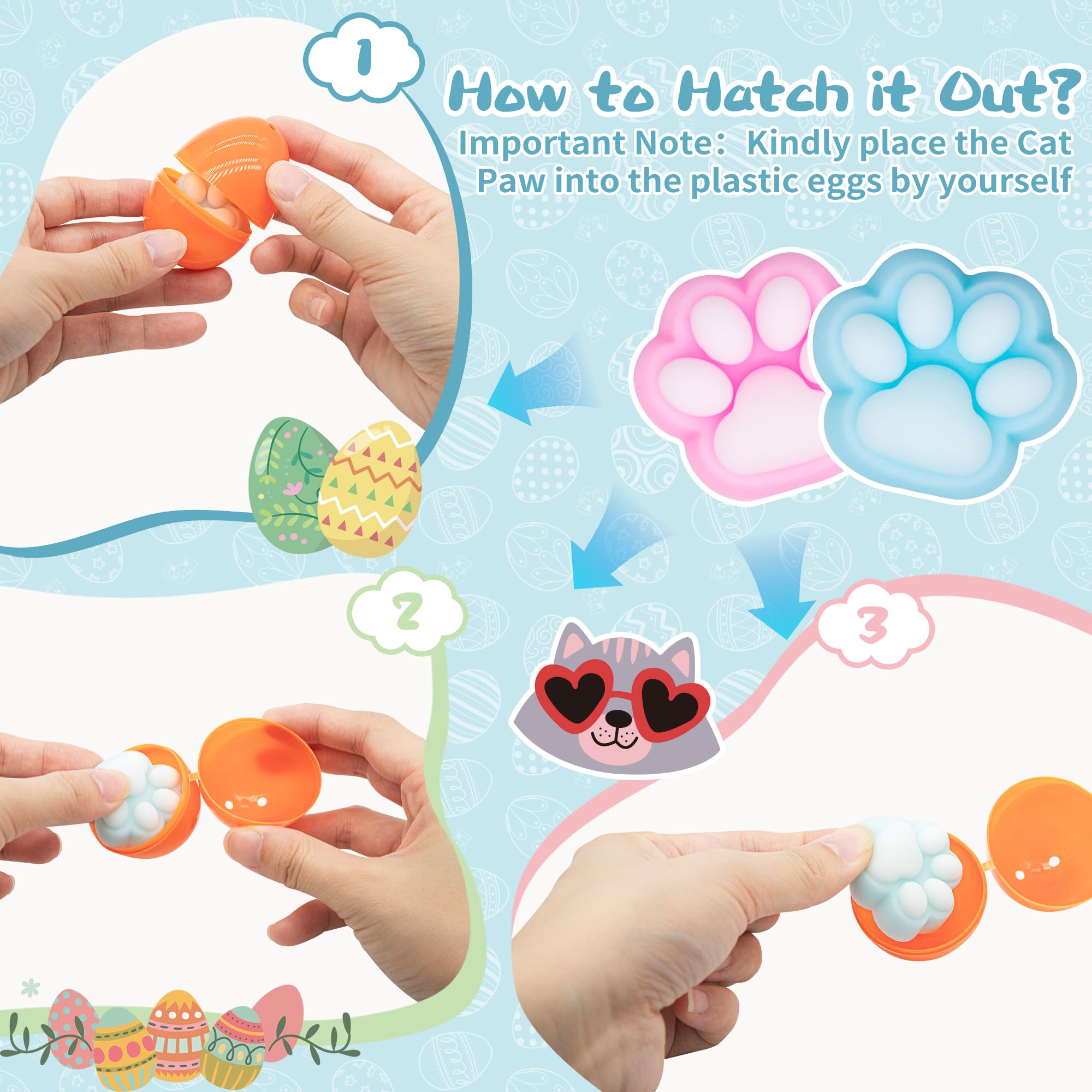 24 Packs Easter Eggs Fillers - Squishy Cat Paw Squeeze with Colorful Eggs for Easter Baskets,Egg Hunt, Toddler, Kids, Boys, School Class Classroom Party Favor