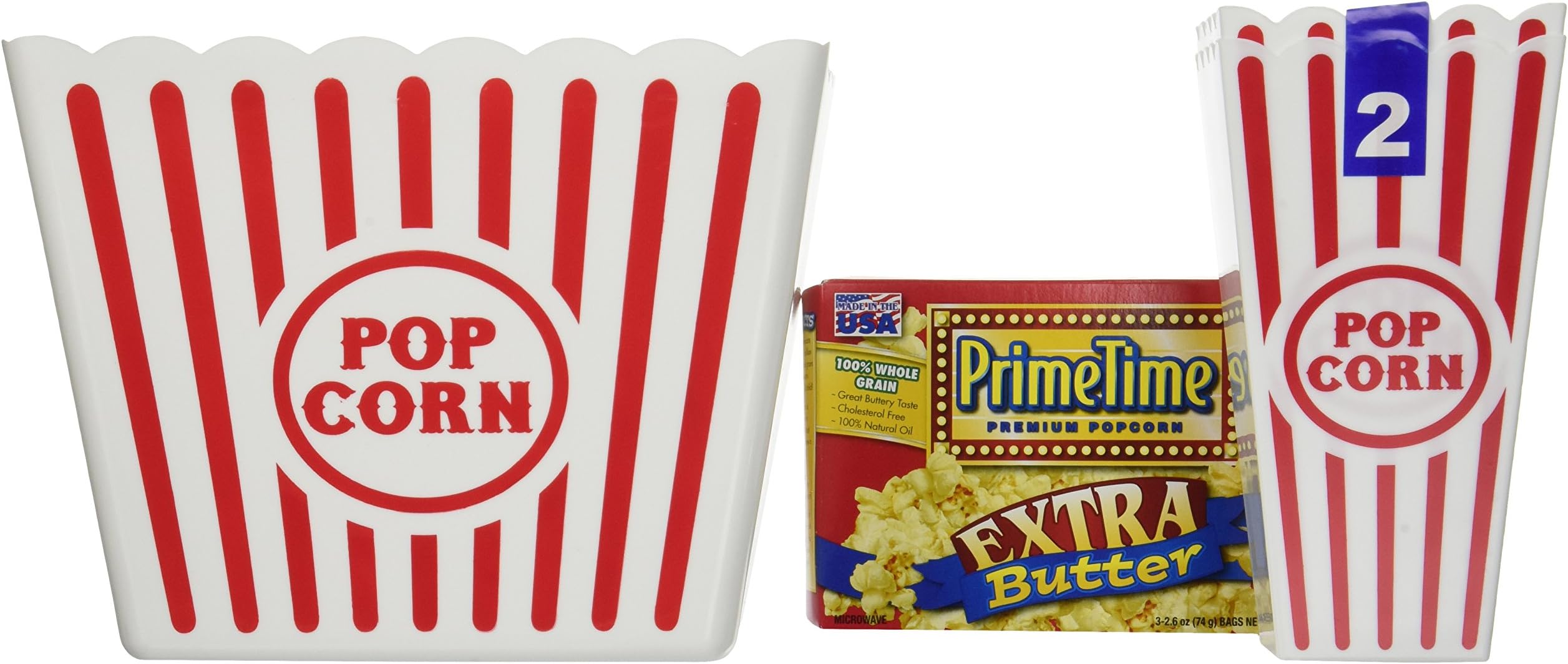 Popcorn Movie Night Bundle - 1 Large Plastic Popcorn Tub, 2 Plastic Popcorn Containers, 1 Box Prime Time Premium Extra Butter Popcorn