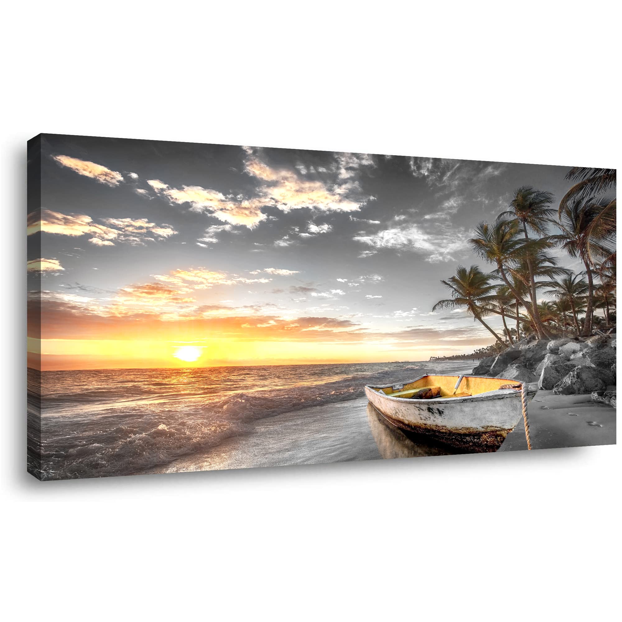 Beach Wall Art Canvas Prints Art Black and White Sunset Seascape Pictures Bedroom Decor Boat Tree Ocean Landscape Painting for Living Room Office Decoration Natural Scenery Artwork 20x40inches