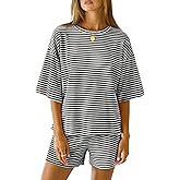 LOMON Two Piece Sets for Women Summer 3/4 Sleeve Tops and Elastic Waist Shorts Pajamas Cute Comfy Soft Lounge Striped Pjs