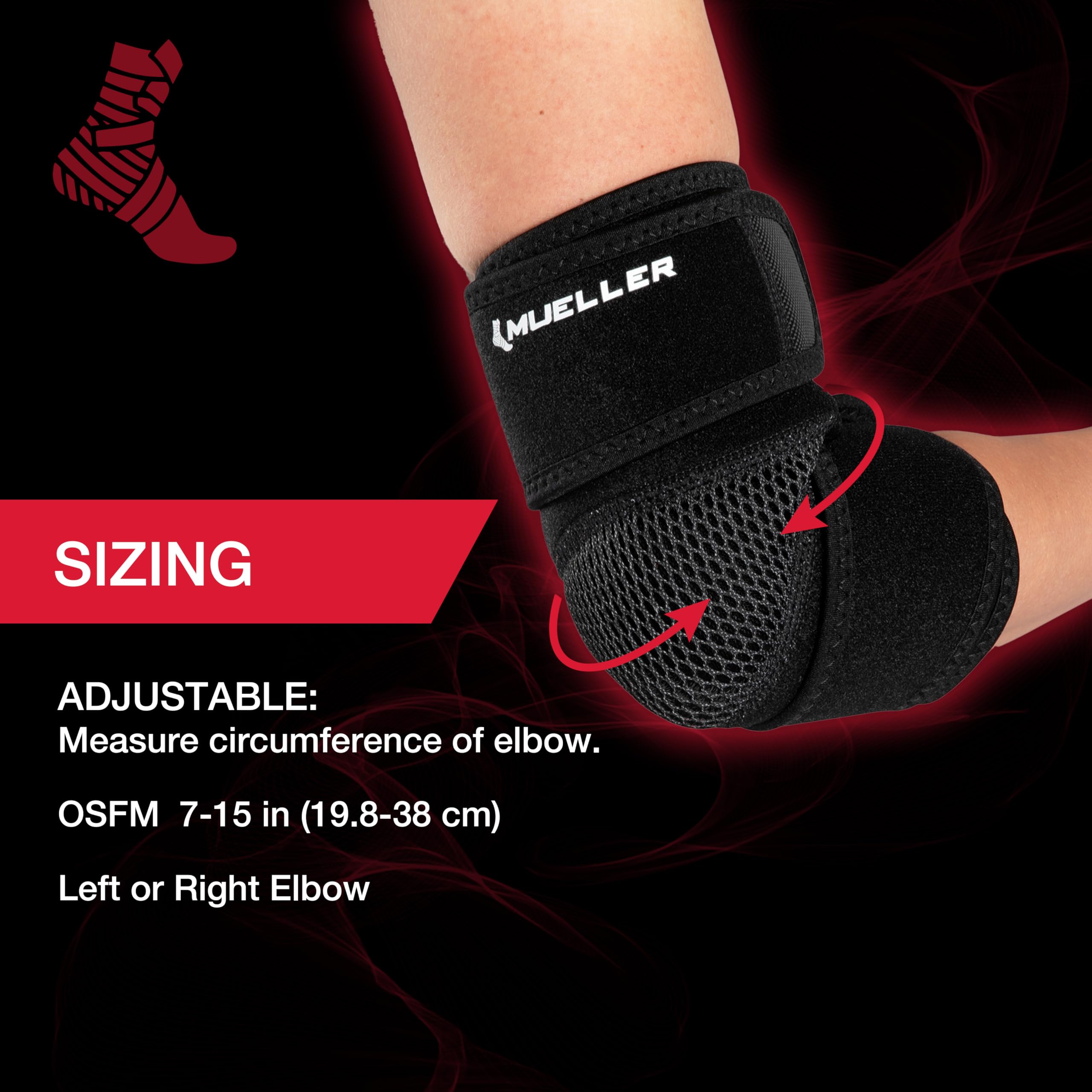 MUELLER Sports Medicine Adjustable Elbow Brace, Elbow Pain Relief Support Sleeve for Men and Women, For Tennis, Golf, Painting, Factory-Line Work, and More, Black, One Size