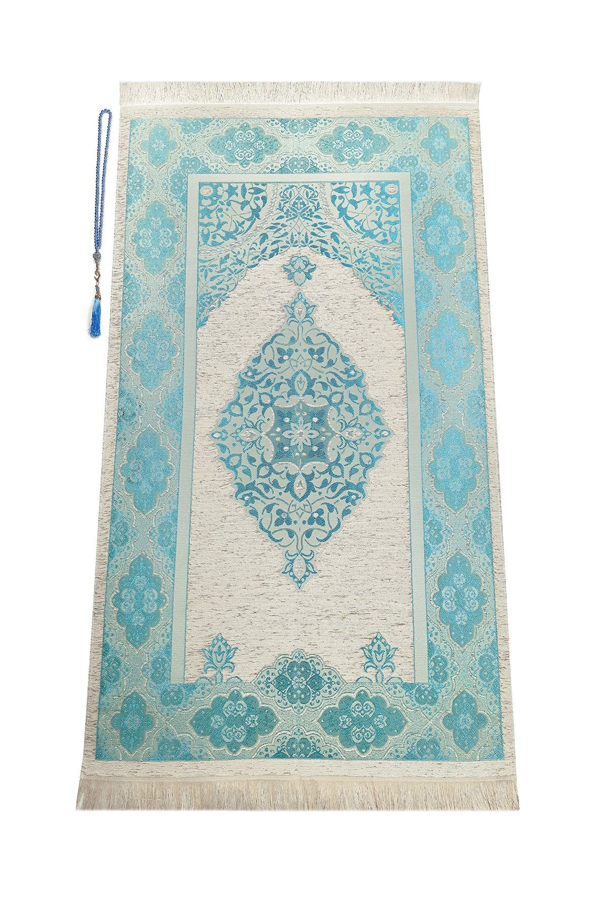 Miss Tesettür ihvan online Muslim Prayer Rug with Prayer Beads, Janamaz, Soft Sajadah, Islamic Gifts for Eid Ramadan, Portable Prayers Carpet Mat, Chenille Fabric, Turquoise