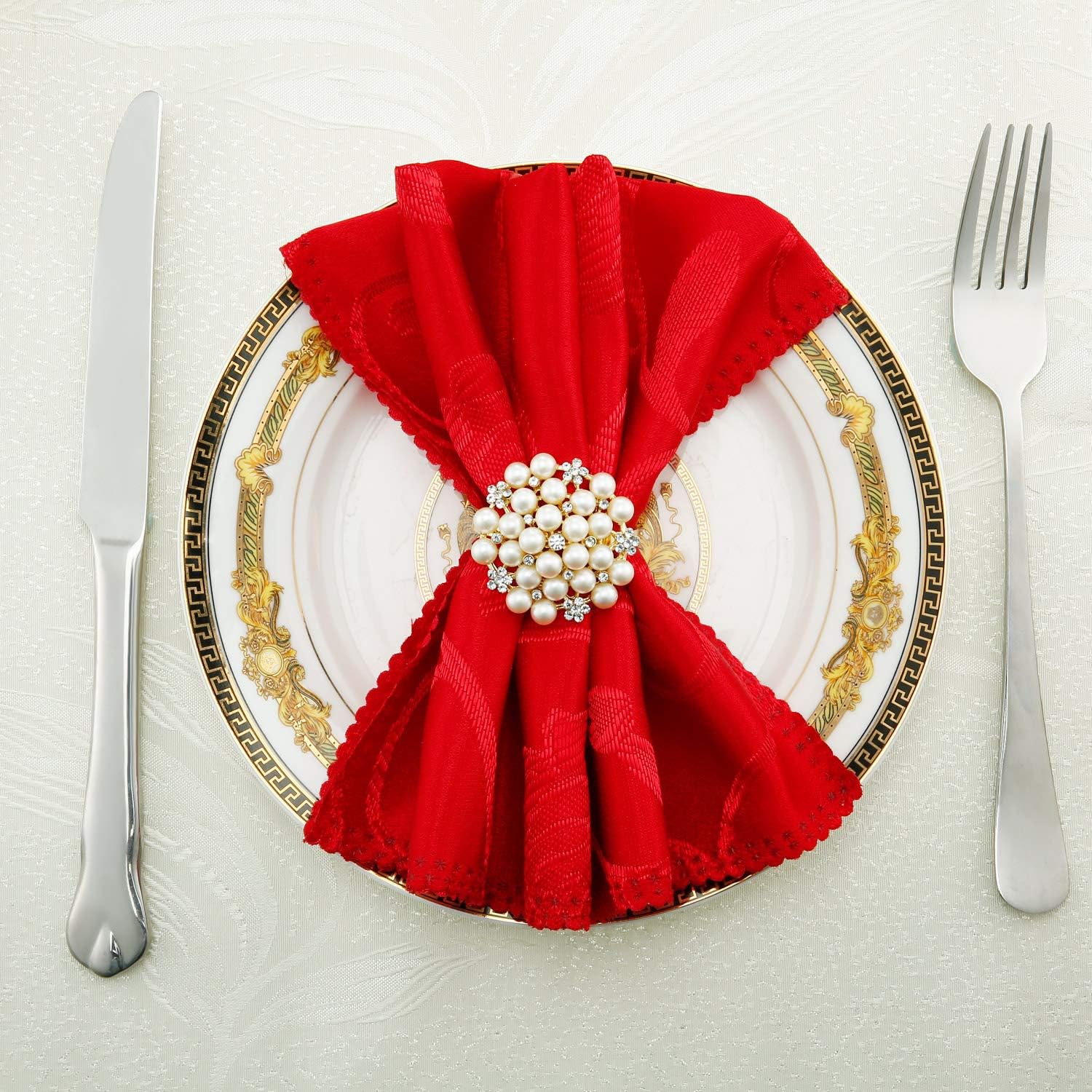 Pearls Napkin Rings Set of 12 Pearls Round Flower Napkin Buckles Rhinestone Napkin Holders for Wedding Banquet Home Party Kitchen Decorations Dining Table Linen Accessories (Gold): Home & Kitchen