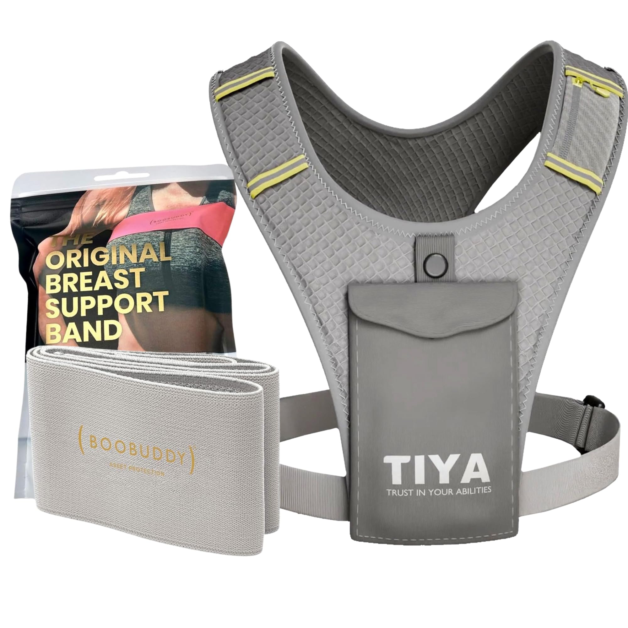 TIYA Women's Running Vest + Boobuddy Breast Support Band - Zero Bounce Runners Accessory Set - 100% Waterproof Phone Holder Pouch & High Impact Compression Chest Strap (Grey), Medium