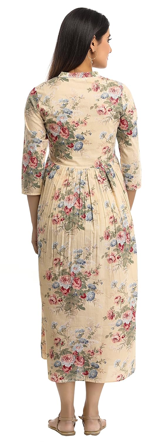 anayna women's cotton floral printed long maternity dress (biege)