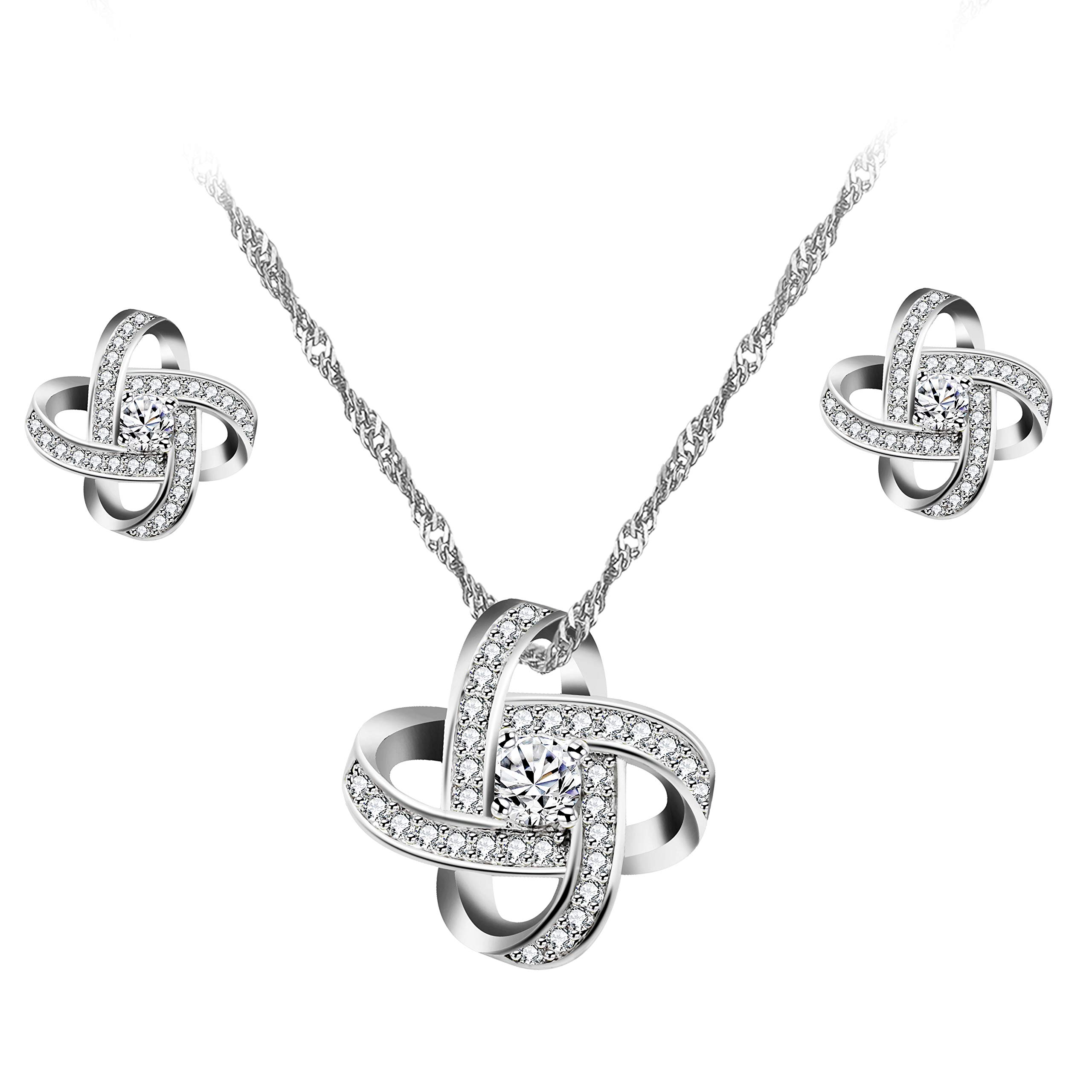 Uloveido Silver Color Criss Cross Earrings and Necklace Jewellery Set for Women Girls Wedding Anniversary Birthday Infinity Knot Jewellery Set with Cubic ZIrconia WHE43