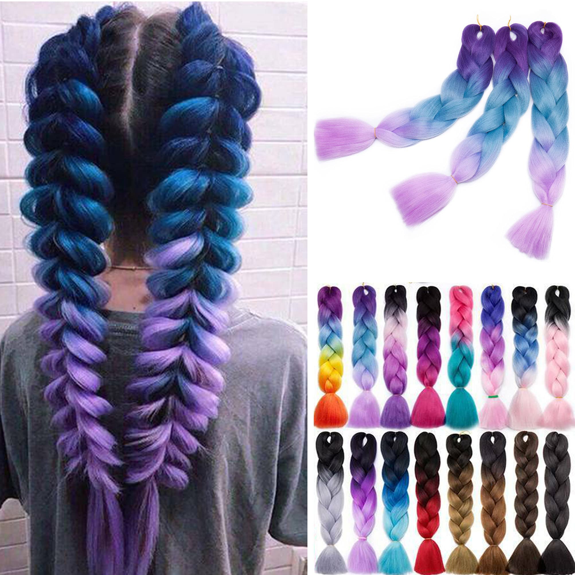 Jumbo Braiding Hair 24 inch Ombre Braid Hair Extensions Jumbo Box Braids Crochet Hair Long Rainbow Colorful for Women Kids DIY Synthetic Fiber 3 Bundles Purple to Lake Blue to Light Purple