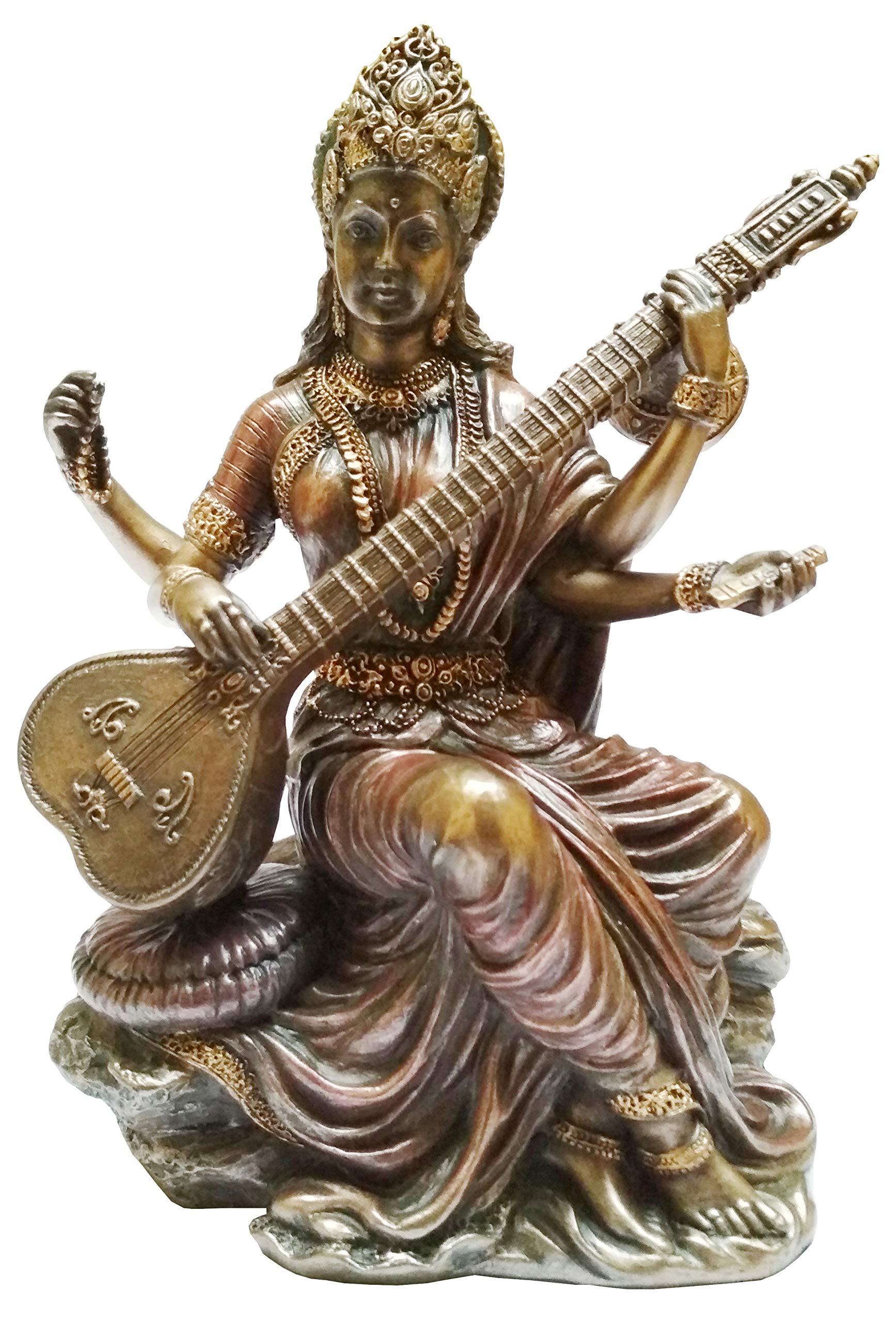 Purpledip Resin Idol Saraswati, Goddess of Knowledge, Music & Arts: Bronze Finish Statue for Home Temple (11650)