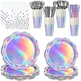 200 Pcs Iridescent Party Supplies Decorations, 25 Guest Scalloped Iridescent Graudation Plates and Napkins Bachelorette Decorations Holographic Tableware for Birthda Bridal Wedding Disco