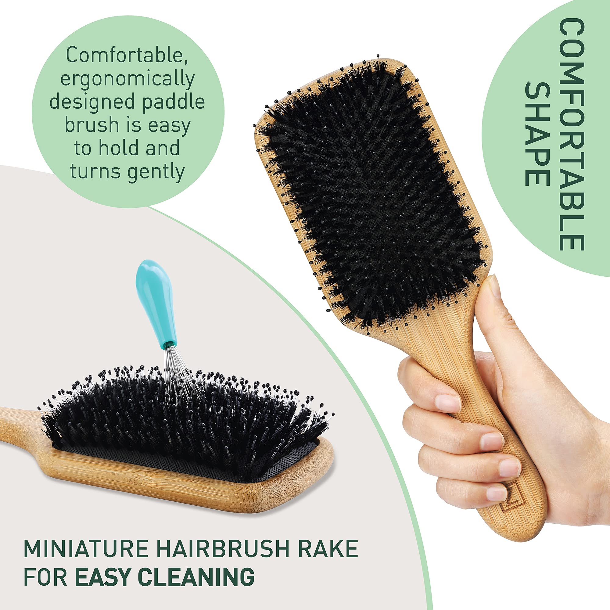 Natural Boar Bristle Hair Brush for Women, Men, Kids; Dry and Wet Detangling Hair Brush Gently Enhances Shine, Smooths Frizz and Prevents Breakage in Fine and Straight, Thick and Curly Hair (paddle)