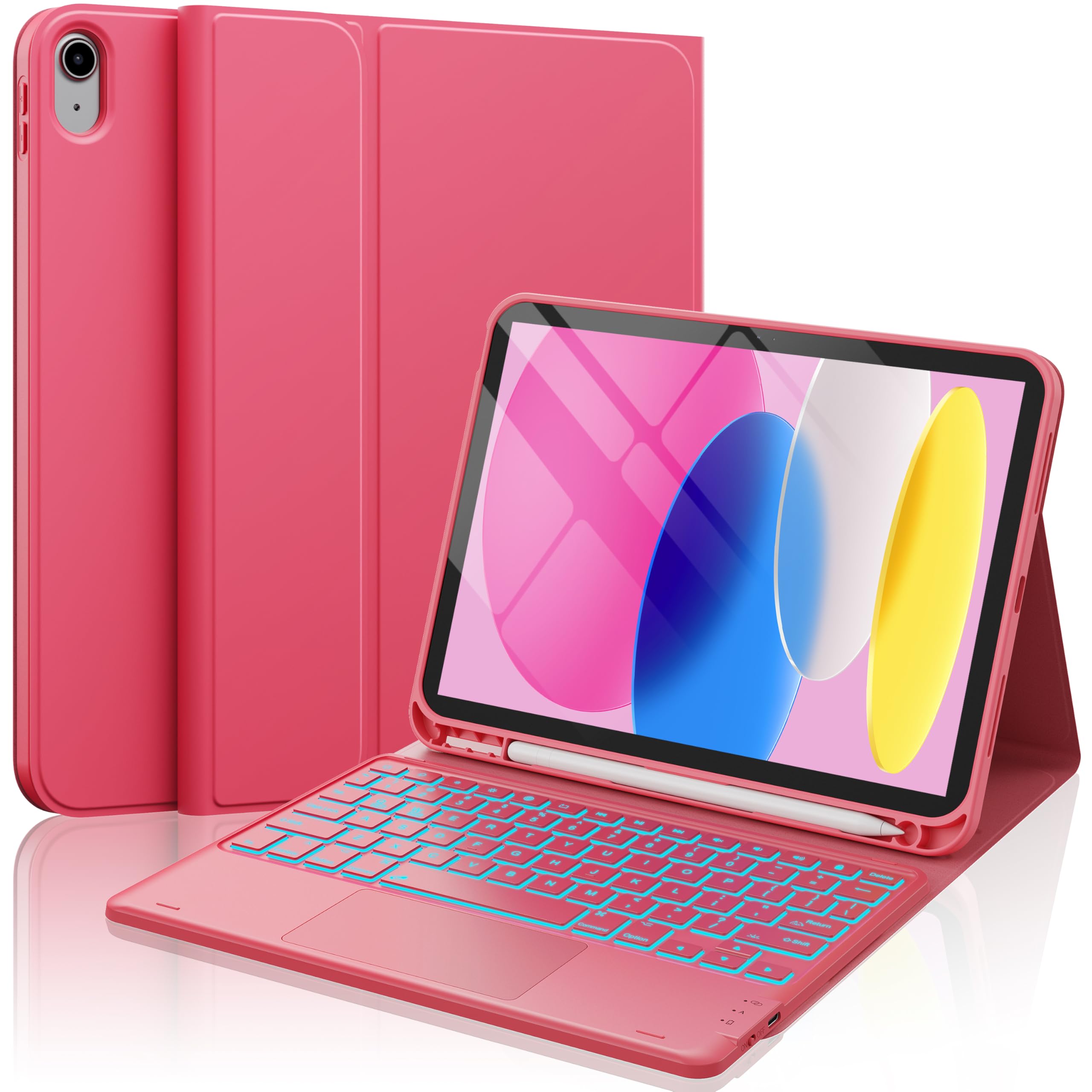 Photo 1 of CHESONA for iPad 10th Generation Case with Keyboard, 7 Color Backlight, Multi-Touch Trackpad, Flip Stand Case with Pencil Holder, 2 Wireless Channels for iPad (A16) 11th/10th Gen (2025/2022), Red
