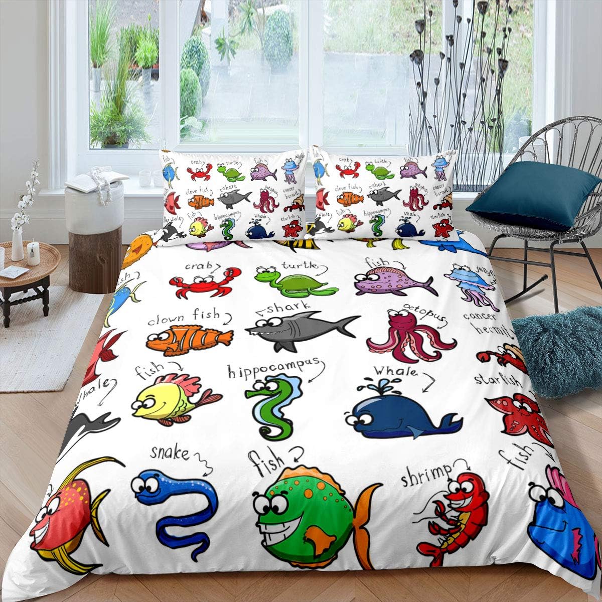 Underwater Duvet Cover Full Kids Boys Girls Ocean Marine Sealife Bedding Set,Cartoon Dolphin Shark Octopus Jellyfish Whale Clown Fish Hermit Crab Comforter Quilt Cover Set,Animal Theme Decor