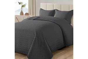 HYLEORY Quilt Set King Size - Lightweight Quilted Beding Set - Summer Bedspread - Soft Reversible Coverlet for All Season - 3 Piece (1 Quilt, 2 Pillow Shams) - Dark Grey