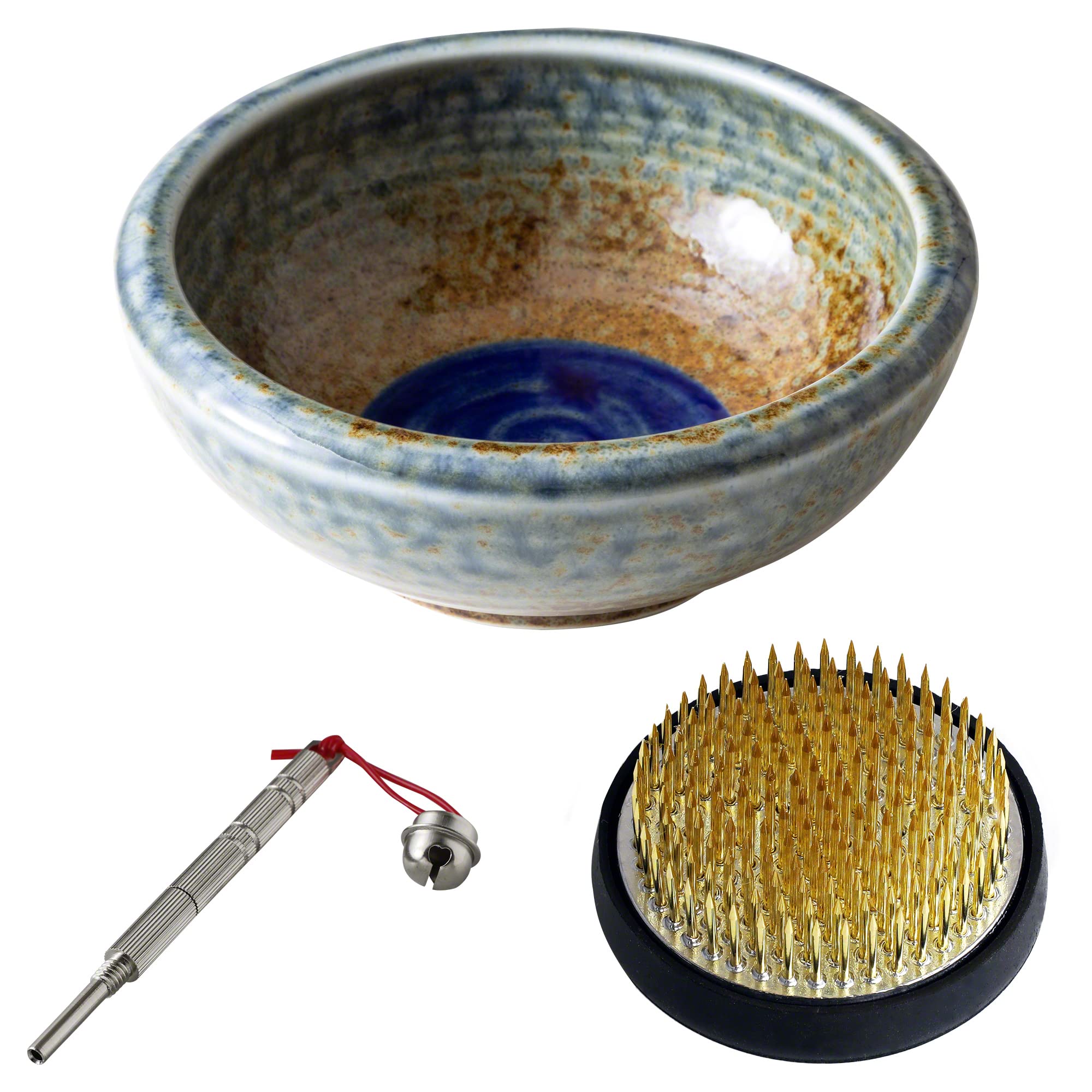 Wazakura Made in Japan Ikebana for Beginners Tool Kit, Minoyaki Brown & Blue Flower Bowl Vase, 2.4inches (61mm) Brass Kenzan Holder, Metal Cleaner - Minoyaki Terracotta Vase, Brass Kenzan, Care Tool