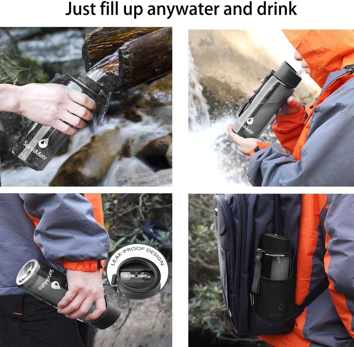 Survimate Filtered Water Bottle BPA Free with 4-Stage Intergrated Filter Straw for Camping, Hiking, Backpacking and Travel : Sports & Outdoors