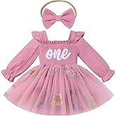 ODASDO Baby Girls First Birthday Outfit Sqaure Neck Ruffle Long Sleeve Tulle Tutu Romper Dress with Bow Headband