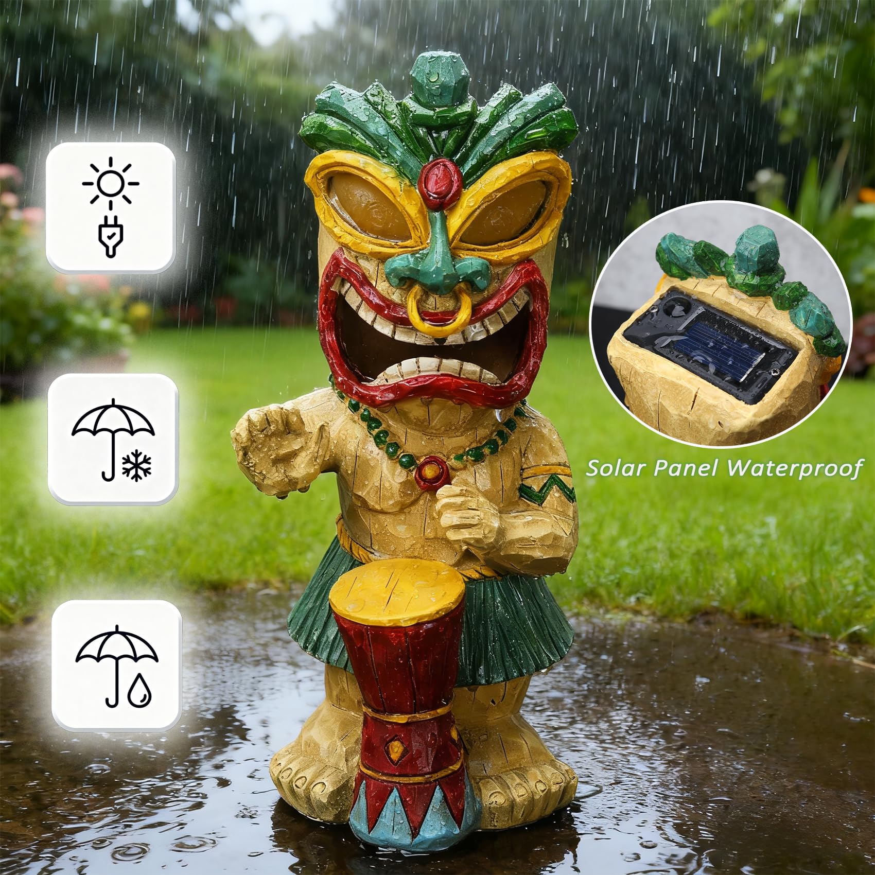 Condition photo showing New/Like New for solar tiki garden statue with led eyes outdoor polynesian drummer hawaiian party decor solar light ornament for patio porch lawn or tiki lover best gifts for tiki lovers drumming tiki statue