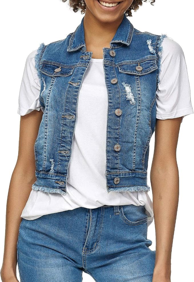 Veste Sans Manches En Denim MISS MOLY Pour Femme - Col V, Poches Décoratives, 100% Coton - Style Décontracté, Vintage