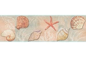 Grace & Gardenia GB10021 Seashells Peel and Stick Wallpaper Border 10in Height x 15ft Light Green Pink Orange Designs