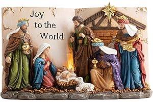 Valery Madelyn Christmas Nativity Set with Lights, Large Red Gold Holy Family Nativity Scenes Resin Manger for Xmas Indoor Home Table Fireplace Holiday Decorations, 10.5 Inch Tall