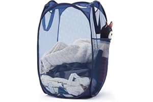 TECHMILLY Collapsible Pop Up Laundry Basket, Hamper with Sturdy Handles and Side Pocket - Mesh Portable Foldable Dirty Clothes Hamper for Dorm, Laundry room, Bathroom and Travel Storage, Navy Blue