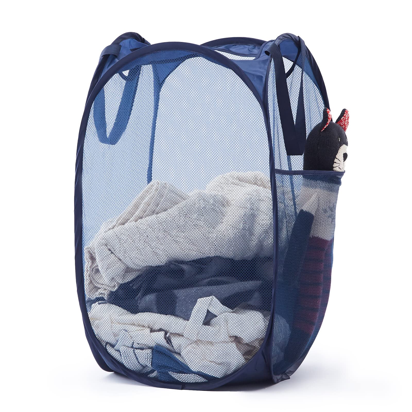 Photo 1 of *DAMAGED STRAP** Collapsible Pop-Up Laundry Basket, Hamper with Side Pocket - Mesh Portable Foldable Dirty Clothes Hamper for Dorm, Laundry room, Bathroom and Travel Storage, Navy Blue