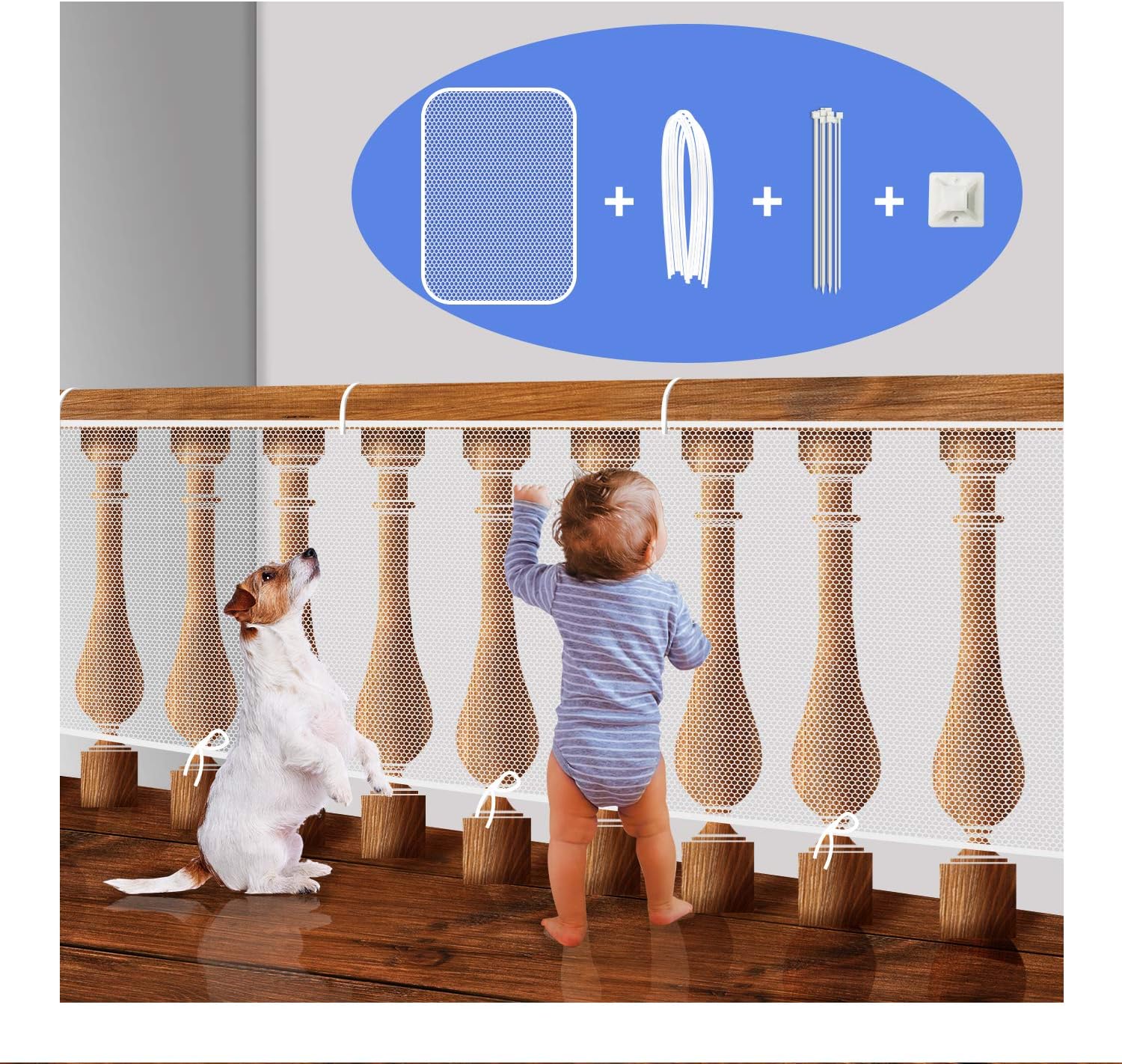 Stair Rail Net for Baby Safety, Balcony Guard for Child Proofing, Banister Guard Mesh for Pets Indoor (White, L5xW3 Ft)