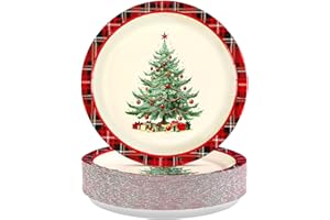 Grencian 50Pcs Christmas Party Supplies 9" Red and Black Buffalo Plaid Christmas Trees Paper Plates Disposable Buffalo Checkered Xmas Trees Dinner Plates for Xmas Winter Holiday Dinner Party
