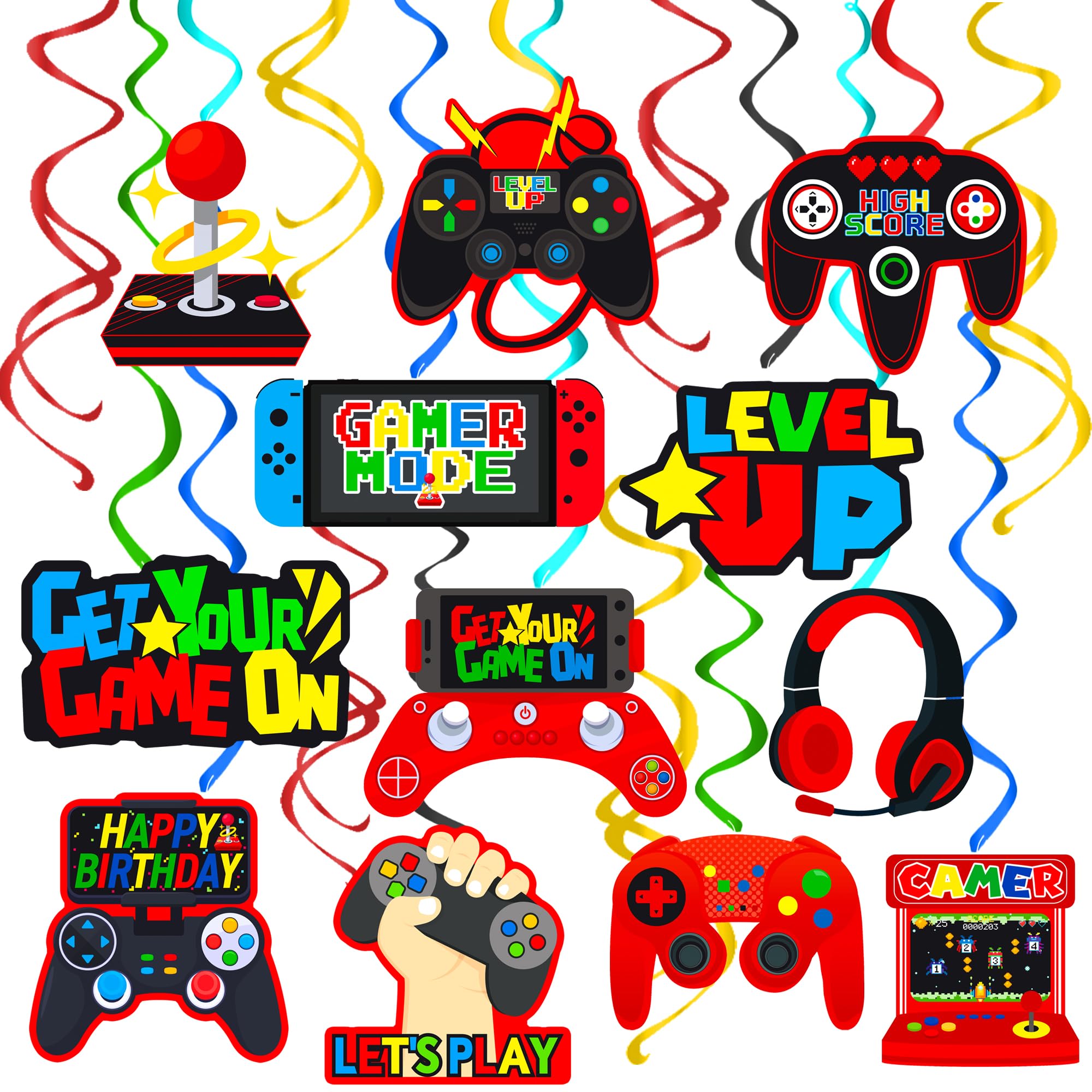Photo 1 of umoni Video Game Birthday Hanging Swirls Red Video Game Party Decorations 20Pcs Game On Ceiling Streamers Gaming Birthday Party Hanging Decorations or Level Up Birthday Baby Shower Supplies