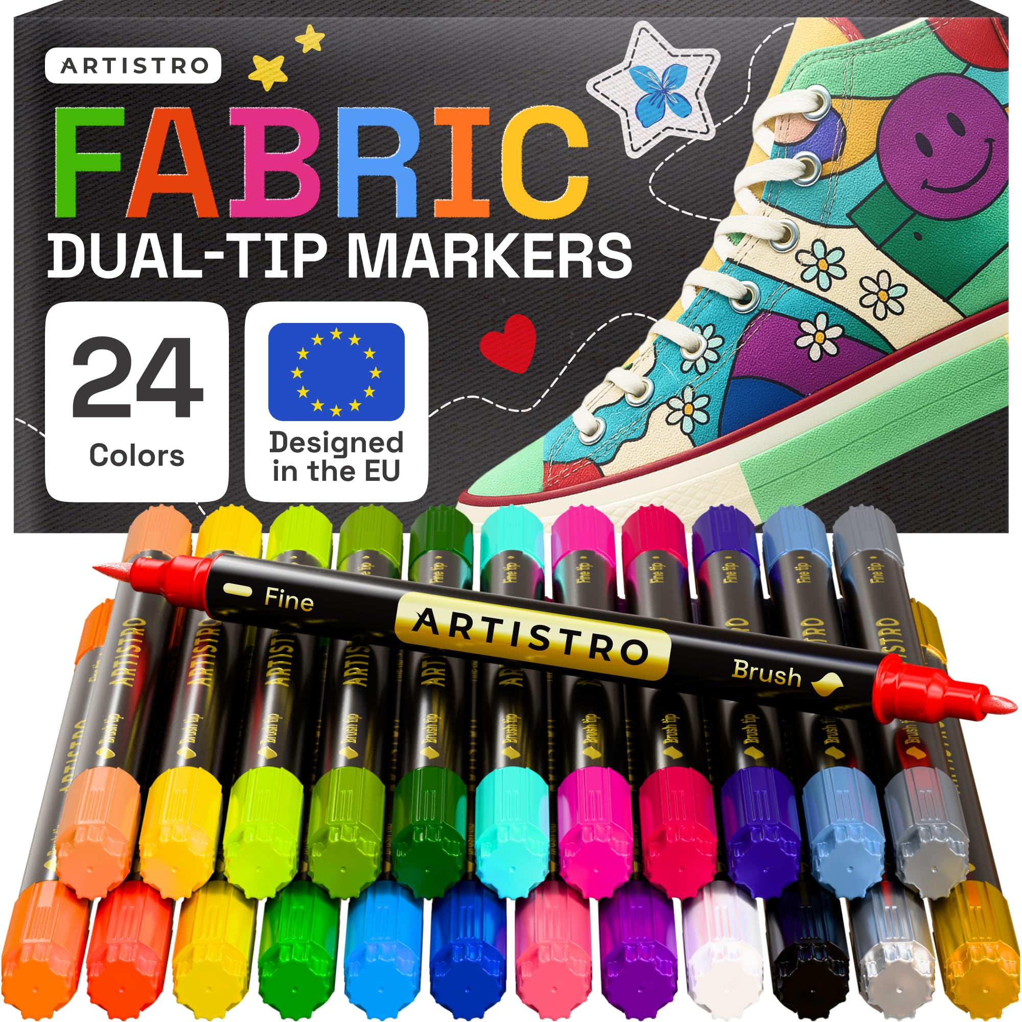ARTISTRO 24 Fabric Markers - Dual-Tip Fabric Markers Permanent for Clothes - No Bleed Fabric Pens for T-Shirts, Bags, Textile, Canvas, and more (Brush Tip and Fine Tip)