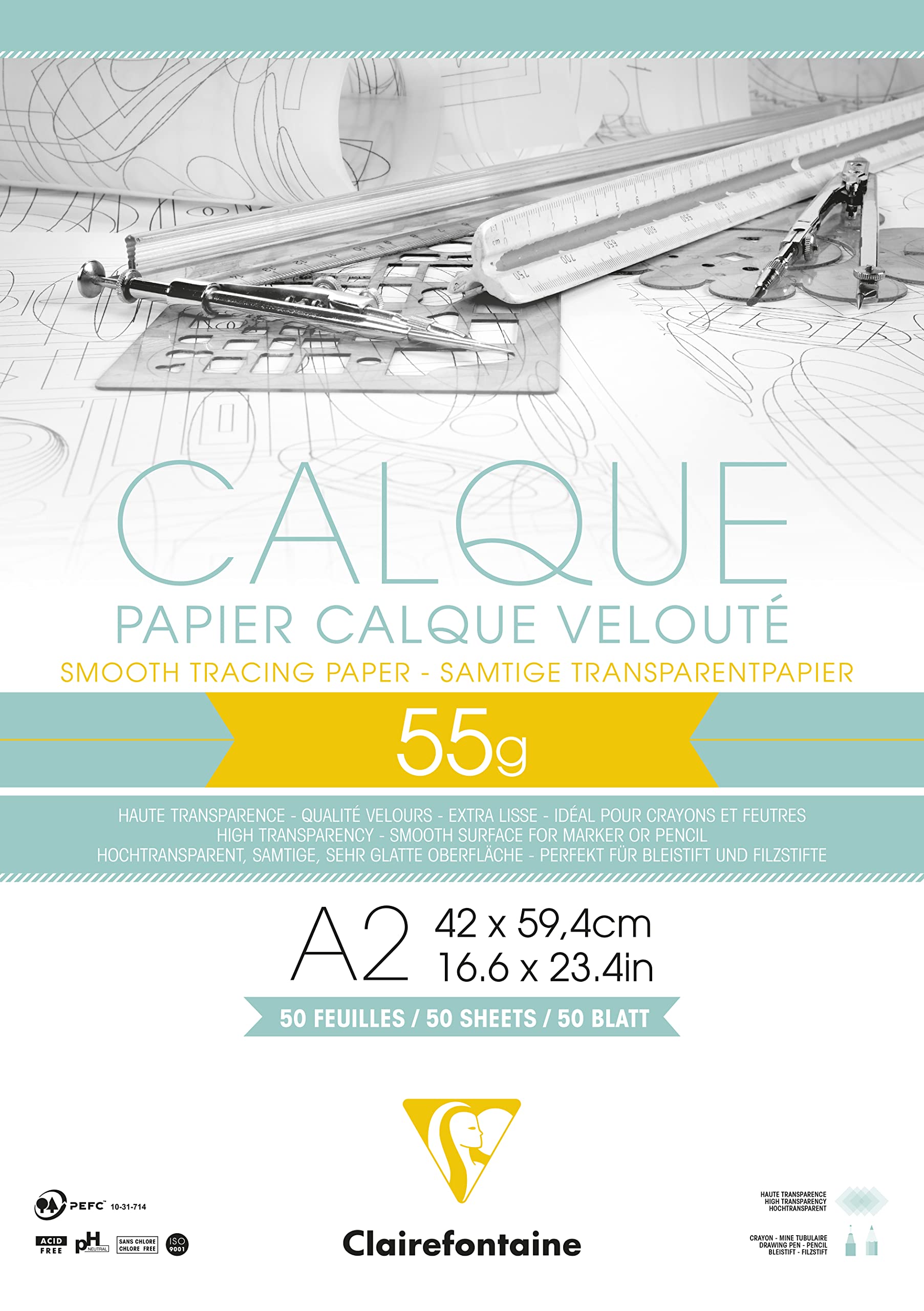 Clairefontaine - Ref 975082C - Tracing Paper Pad (50 Sheets) - A2 Sized, 50/55g, High Transparency, Smooth Surface, Acid Free, Printable - Suitable for Ink, Marker & Pencil