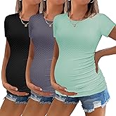 Ekouaer Womens Maternity Shirts 3 Packs Round Neck Short Sleeve Side Ruched Swiss Dot T Shirt Tops S-XXL