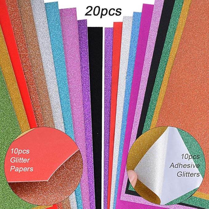 20 Sheets Glitter A4 Card Paper + A4 SelfAdhesive Metallic Glitter