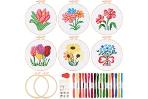 JSRQT 6Pcs Flower Cross Stitch Starter Kit for Beginners, DIY Art Sewing Embroidery Kit for Adults and Kids, Needlepoint Embr